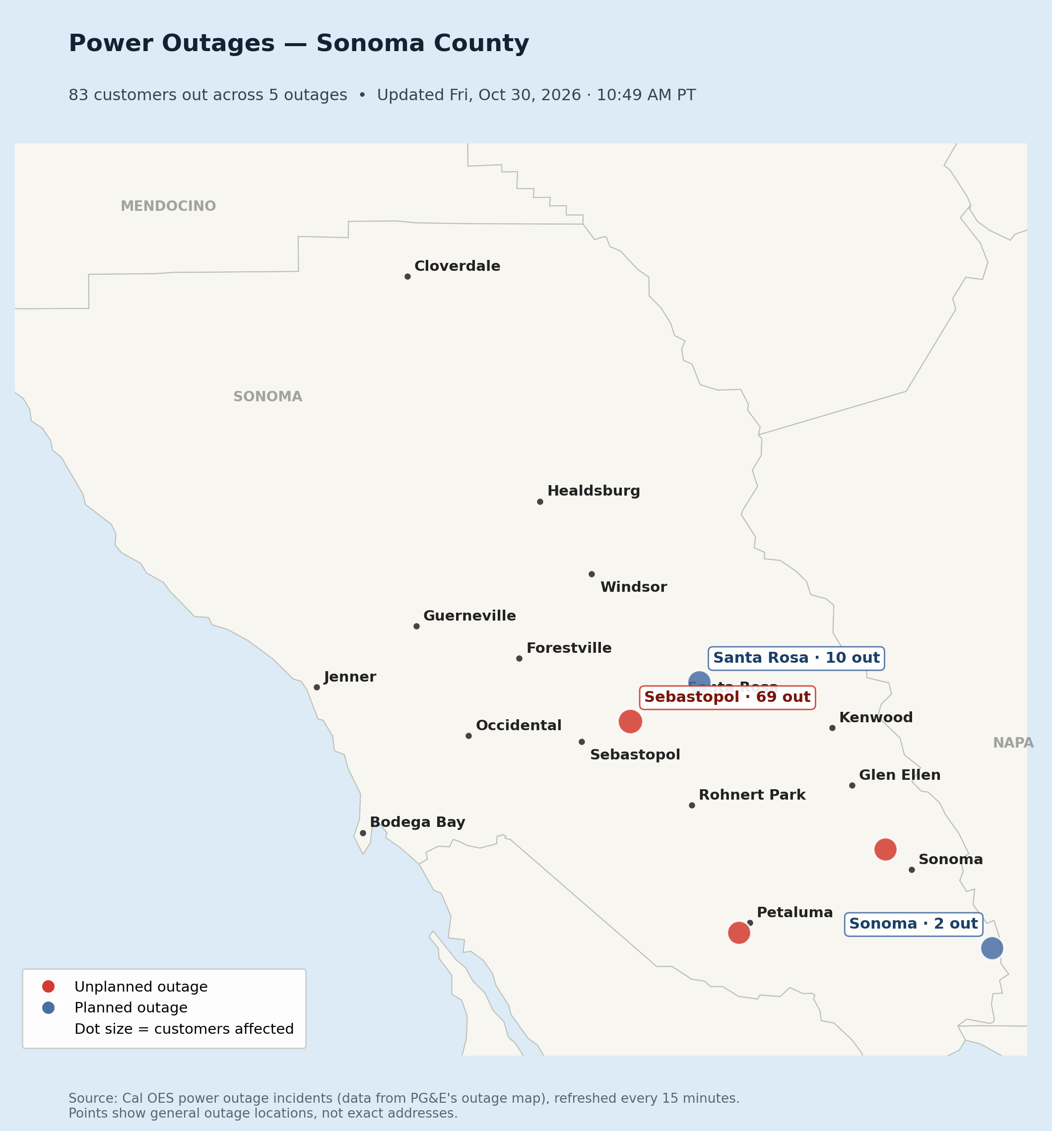 Map of current power outages in Sonoma County, with dots sized by customers affected