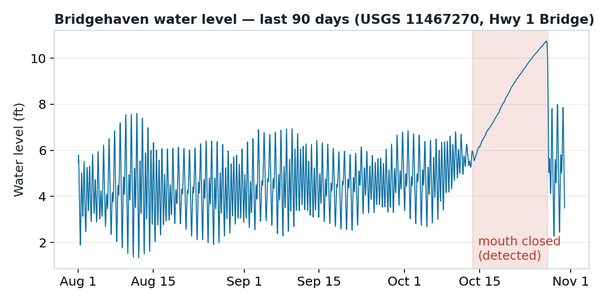 Chart of Bridgehaven water level over the last 90 days, with the detected mouth-closed period shaded